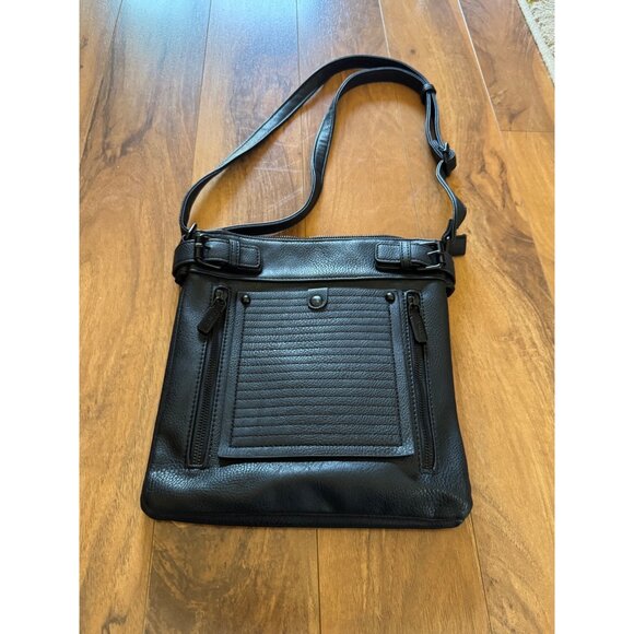 Gussaci Black Leather Crossbody Bag Adjustable Strap & Multiple Zipper - Picture 1 of 6